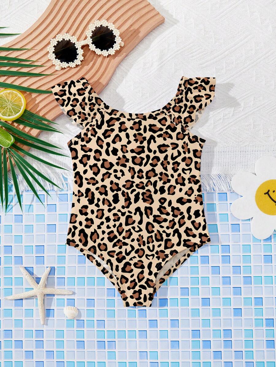 Baby Girls Leopard Print Slim Fit One-Piece Swimsuit, Casual & Minimalist Design, Suitable For Summer - Multicolor - View 1
