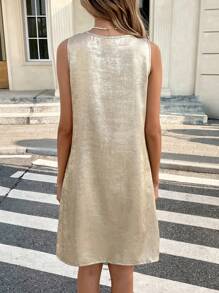 SHEIN LUNE Metallic Coating Shiny A-Line Dress, Casual & Resort Wear For Spring/Summer,Casual - Gold - View 2
