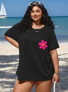 SHEIN CURVE+ Summer Women Plus Size Casual Round Neck Pocket 3D Flower Print White T-Shirt - Black - View 5