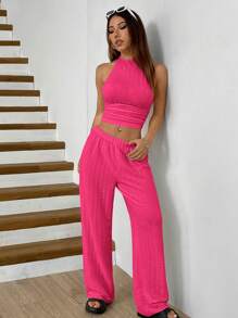 SHEIN EZwear Bộ đồ thường ngày cho nữ áo hở lưng màu đỏ hồng và quần nỉ bó sát - Màu Hồng Tươi - Xem 3