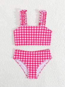 Young Girl Plaid Frill Bikini Swimwear Set, Random Print - Multicolor - View 4