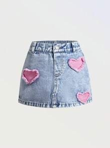 Denimly Young Girl Lightweight Denim Heart Pattern Embroidered Casual Holiday Fashion Skirts Pants, Summer - Light Wash - View 1