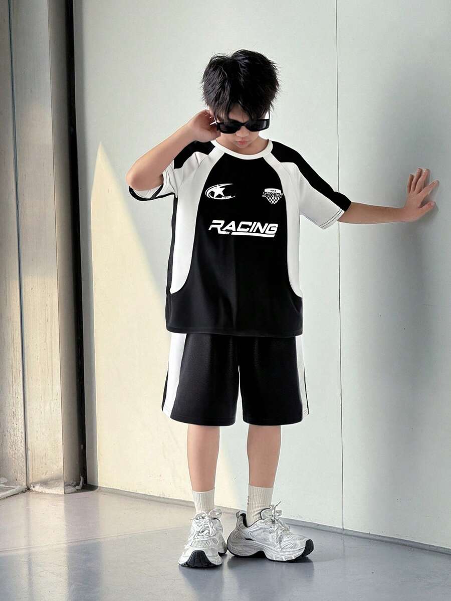 SHEIN Little Byeori 青少年男孩短袖运动上衣和短裤套装