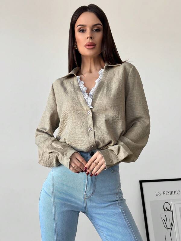 Firerie Women's Apricot Lace Patchwork V-Neck Long Sleeve Blouse Top, Suitable For Valentine's Day, Concerts, Performances, Dates, Sexy, Elegant, Commuting, Back To School, Vacation, Beach, Romantic Modest
