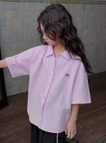 Dazy Kids Tween Girl Short Sleeve Collared Shirt With Embroidered Bow, Spring/Summer,Back To School Clothes - Purple - View 4