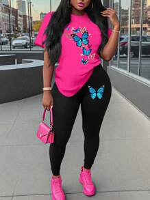 Maweii 2pcs Plus Size Set: Short Sleeve Round Neck T-Shirt And Pants, Casual And Fashionable, Suitable For Summer