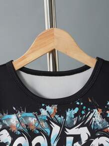 2pcs/Set Tween Boy Casual Graffiti Letter Print Comfortable Round Neck Short Sleeve T-Shirt And Shorts Set, Summer