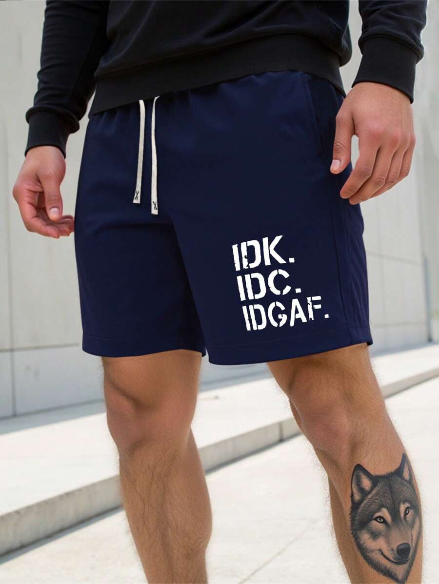 Manfinity Homme Men's Letter Print Drawstring Waist Casual Shorts - Navy Blue - View 1