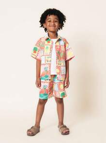 SUMWON Summer Beach Holiday Boys Two-Piece Set Travel Print Palm Tree Pattern Short Sleeve Button-Up Shirt Matching Shorts Vacation Outfit Kids Casual Wear - Multicolor - View 1