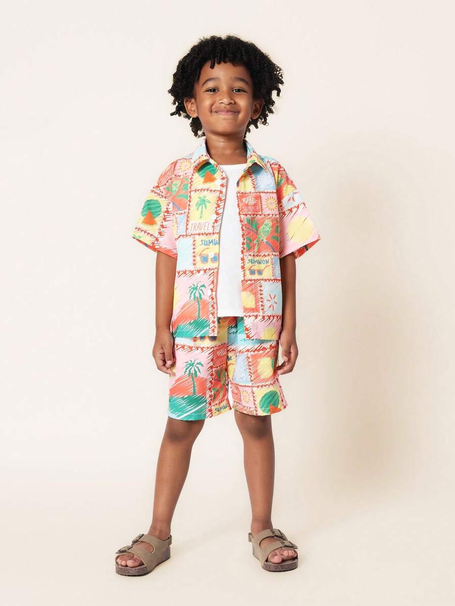 SUMWON Summer Beach Holiday Boys Two-Piece Set Travel Print Palm Tree Pattern Short Sleeve Button-Up Shirt Matching Shorts Vacation Outfit Kids Casual Wear - Multicolor - View 1