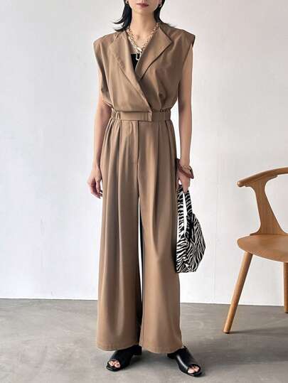 FRIFUL 女士翻领无袖阔腿宽松休闲连体裤