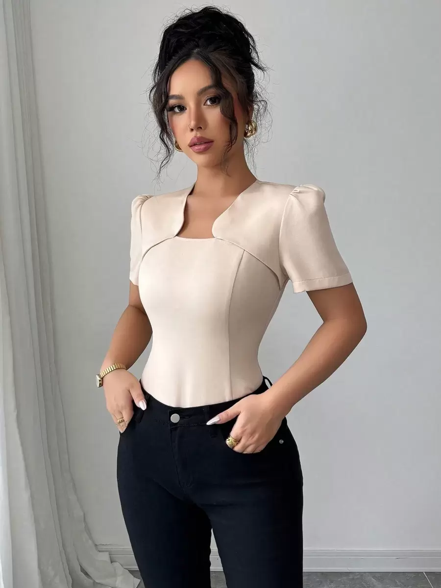 Elenzga 女士方领泡泡袖修身优雅复古衬衫 - 杏色 - 查看 1