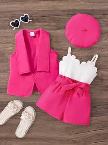 SHEIN Leap Crew 3pcs Baby Girl Casual Fuchsia Vest Top & Shorts & Hat Set For Summer - Pink - View 1