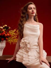 MOTF PREMIUM VESTIDO CON VOLANTES EN EL BAJO CON ESTAMPADO FLORAL ESTÉREO, ATUENDO PARA EL DÍA DE SAN VALENTÍN - Albaricoque - Ver 4