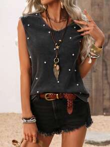 SHEIN LUNE Parte superior sin mangas casual con cuello en V y cuentas lavadas para mujer, ideal para festivales de música, uso diario, tops de verano, tops cortos, camisas, vacaciones, salidas, playa, estilo occidental, conciertos, festivales bohemios, punk, fiesta