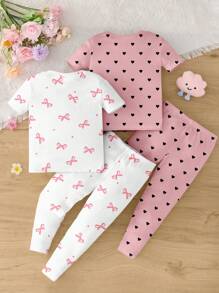 SHEIN 4pcs/Set Baby Girl Heart & Bow Graphic Casual Slim Fit Round Neck Short Sleeve Top & Trousers Home Outfit, Suitable For Spring/Summer - Multicolor - View 2