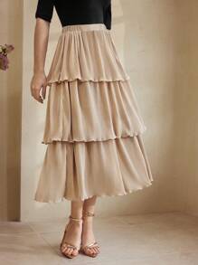 Vintamour Retro Elegante Vrouwen Geplooide Rok, Losse A-lijn Uitlopende Rokken, Khaki Kleur, Lente & Zomer