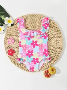 Baby Girl Cute Bow Print Ruffle One Piece Swimsuit - Multicolor - View 3