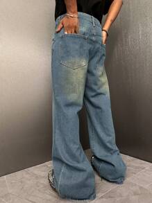 PAVTROS 男士喇叭褲寬腿牛仔褲超大尺碼長款磨損洗舊牛仔褲貨運裝純色深藍色外出 Y2K 友情款