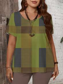 EMERY ROSE 2 sztuki/zestaw Plus Size Casual Lattice Allover Print Luźny krótki rękaw Top i spodnie Capri