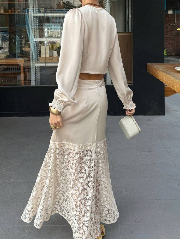 2pcs/Set Women Twist Front Long Sleeve Shirt & Lace Patchwork Skirt Co-Ord Set,Short Women Sets