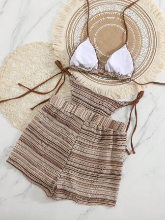 Swim Mod 女士 3 件套波西米亚风格钩针泳装比基尼套装和罩衫短裤套装，海滩夏装