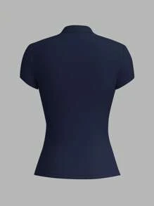 Vintamour Vintage Elegant Women's T-Shirt, Spring/Summer Slim-Fit Knitted Keyhole Hollow Out Short Sleeve Top, Casual Back To School Clothes Teacher - Navy Blue - View 4