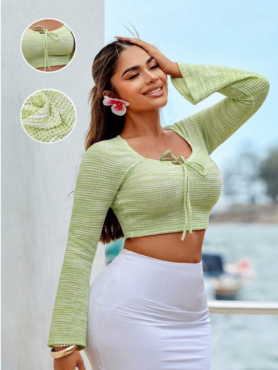 SHEIN SXY Lime Green Women Long Sleeve T-Shirt,Elegant Chic Autumn Vacation Woman Summer Top,Simple Fashion Casual Everyday Wear,Beach Cruise Attire - Green - View 1