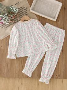 SHEIN Leap Crew Young Girls French Minimalist Floral Ribbon Bow Ruffle Decor Round Neck Long Sleeve Pants Princess Style Pajamas 2pcs Set, Family Vacation Casual Long Sleeve Floral Print Pajama Set, Sibling Matching Outfits (2 Sets Sold Separately) Pj Set For Girls Kids Sleepwear Pj Sets Kids - Apricot - View 7