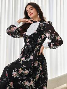 Modelyn Women's Elegant Floral Print Lantern Sleeve Long Dress - Black - View 3