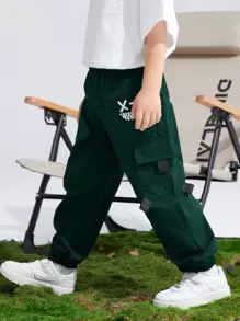 SHEIN Kids/Tween Boys' Casual Graphic Print Pocket Loose Jogger Pants, Suitable For Commuting, School, Daily, Vacation, Sports, Spring/Summer/Autumn/Winter