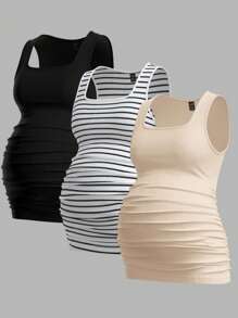 SHEIN 3pcs Maternity Casual Minimalist Ruched Fitted Camisole Set - Apricot - View 1