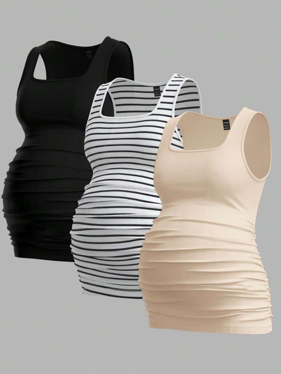 SHEIN 3pcs Maternity Casual Minimalist Ruched Fitted Camisole Set - Apricot - View 1