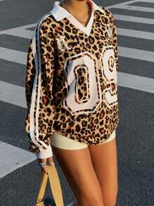 Muchica Sudadera holgada con capucha de manga larga con estampado numérico de leopardo para mujer