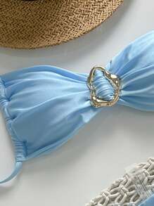 Swim Mod Set de costume de baie pentru bikini, decor metalic, albastru, fără bretele, haine de plajă - Albastru - Vizualizare 4