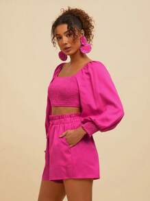 Travachic 1 Set Women Solid Woven Square Neck Long Sleeve Cropped Top & High Waist Loose Shorts,Summer Outfits For Women,Beachwear,Easter,Beach Outfits For Woman,Spring Break,Vacation Outfits Women,Concert Outfit Women,Rave Outfits Festival,Rave,BOHO,Music Festival,Tropical Vacation Woman Clothes(With Pocket) - Hot Pink - View 3