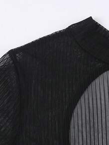 女士高领性感条纹网眼透视背连体裤 - 黑色 - 查看 3