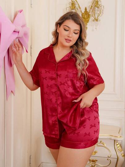 SweetSlumber Plus Size Red Bow Jacquard Satin Material Pajama Set