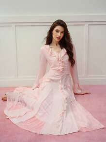 MOTF PREMIUM VESTIDO CON VOLANTES DE ENCAJE DE CONTRASTE Y DRAPEADO - Rosa Pálido - Ver 4