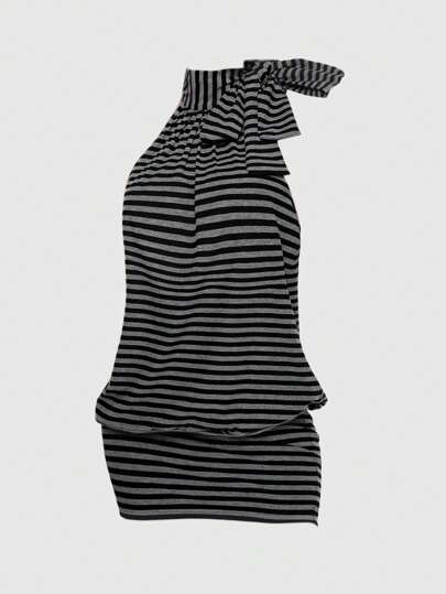 Grunge Punk Vestido de cóctel mini ajustado con contraste de color a rayas, lazo cruzado y escote halter sexy