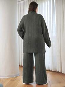 EURMUSE OLUS SIZE HIGH NECK CASUAL SWEATER CORDS - Dark Grey - View 2