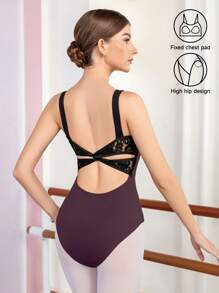 Dansine Body de malla sin mangas para mujer, mono de baile de ballet para adultos con cinturilla, espalda cruzada de encaje y forro completo en la parte delantera, atuendo de baile de ballet, primavera/verano