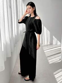 FRIFUL Combinaison femme épaules dénudées, portée quotidienne décontractée et de bureau, combinaisons femme de couleur unie, ensembles de détente pour femmes - Noir - Voir 4