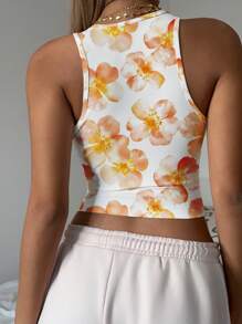 Muchica 女式简约花卉图案紧身圆领背心，适合夏季 - 白色 - 查看 2