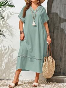 EMERY ROSE Plus Size Women Solid V-Neck Short Sleeve Straight Loose Casual Dress