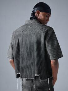 NEON BLANC Men's Street Fashion Black Stripe Short Sleeve Woven Shirt - Black - View 3