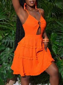 Slaydiva New Spring And Summer Casual Holiday Sexy Suspenders Front Chest Ring Hollow Back Cross Design Large Backless Multi-Layer Cake Skirt Fungus Edge Decoration A Swing Umbrella Skirt Yellow Plaid Fabric Women's Mini Dress