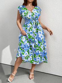Breezaya Plus Size Vacation Style Floral Allover Print Ruffle Hem Dress For Leisure Maxi Women Outfit, For Spring - Baby Blue - View 5