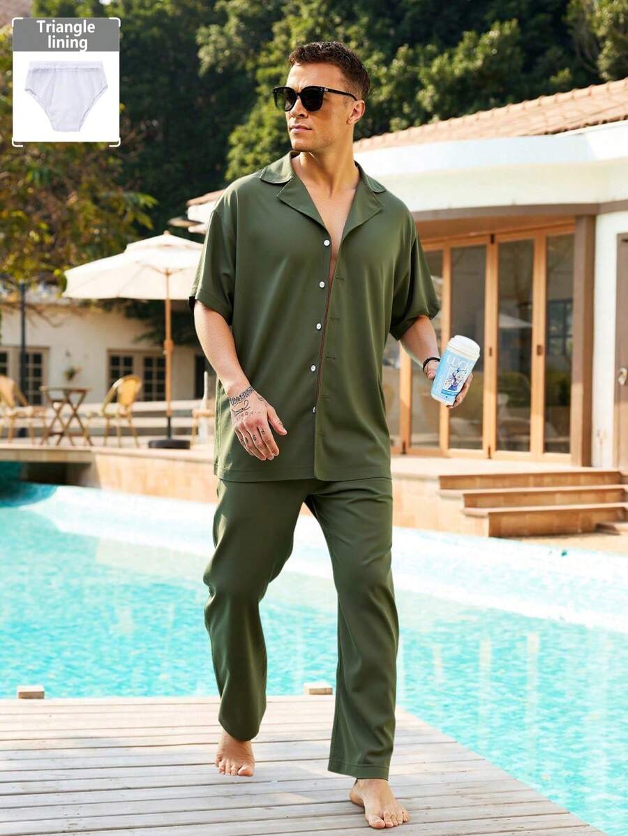 Manfinity Swimmode Men's Solid Color Short Sleeve Shirt And Pants Beach Outfit - Army Green - View 1
