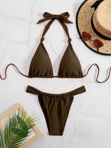 SHEIN Swim Women's Solid Color Halter Tie Sexy Bikini Set - Coffee Brown - View 1